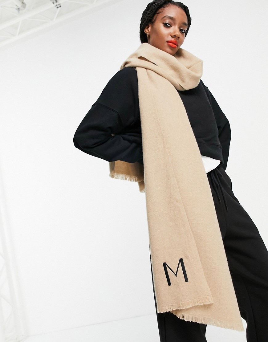 ASOS DESIGN recycled blend personalized scarf with M initial in stone-Neutral