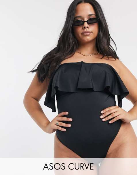 ASOS DESIGN recycled curve bandeau overlay frill swimsuit in black