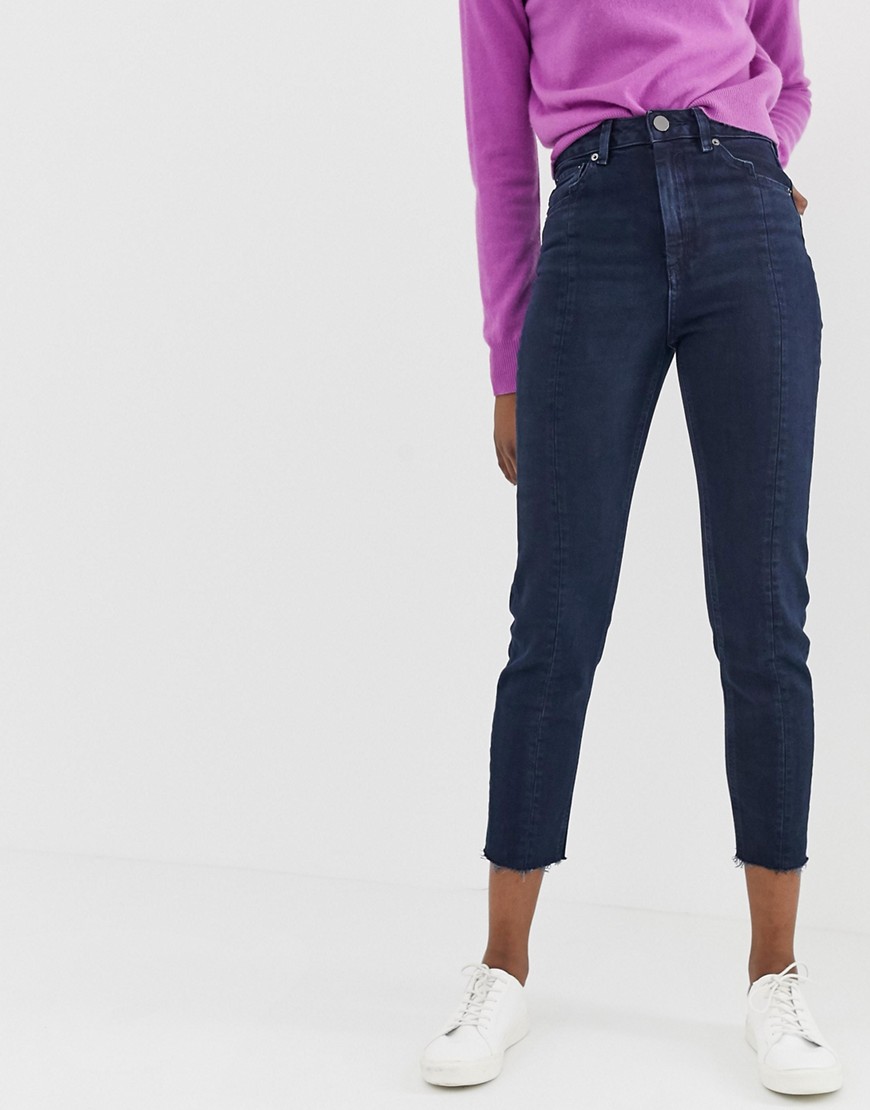 ASOS DESIGN – Recycled Farleigh – Mörkblå, tvättade slim mom jeans med hög midja och dekorativ söm framtill
