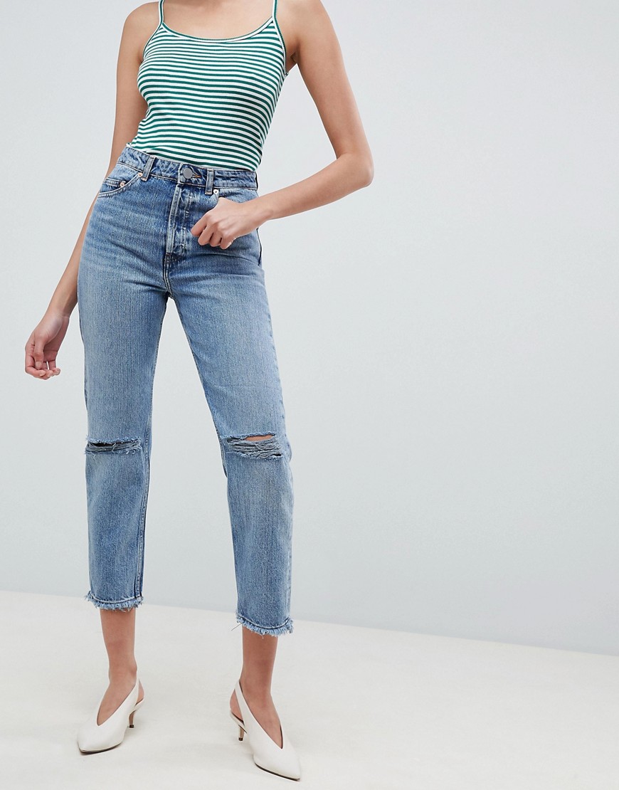 ASOS DESIGN Recycled Florence authentic straight leg jeans in spring light stone wash with rips-Blue