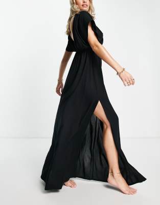 flowy black dress with flutter cap sleeves