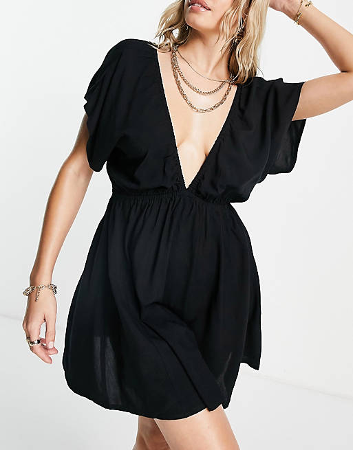 Women recycled flutter sleeve mini beach dress in black 