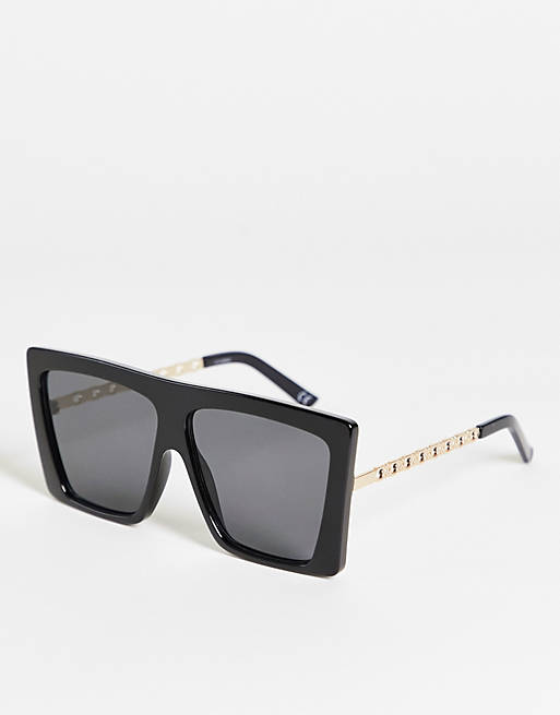 ASOS DESIGN recycled frame oversized visor sunglasses in black with chain metal arms