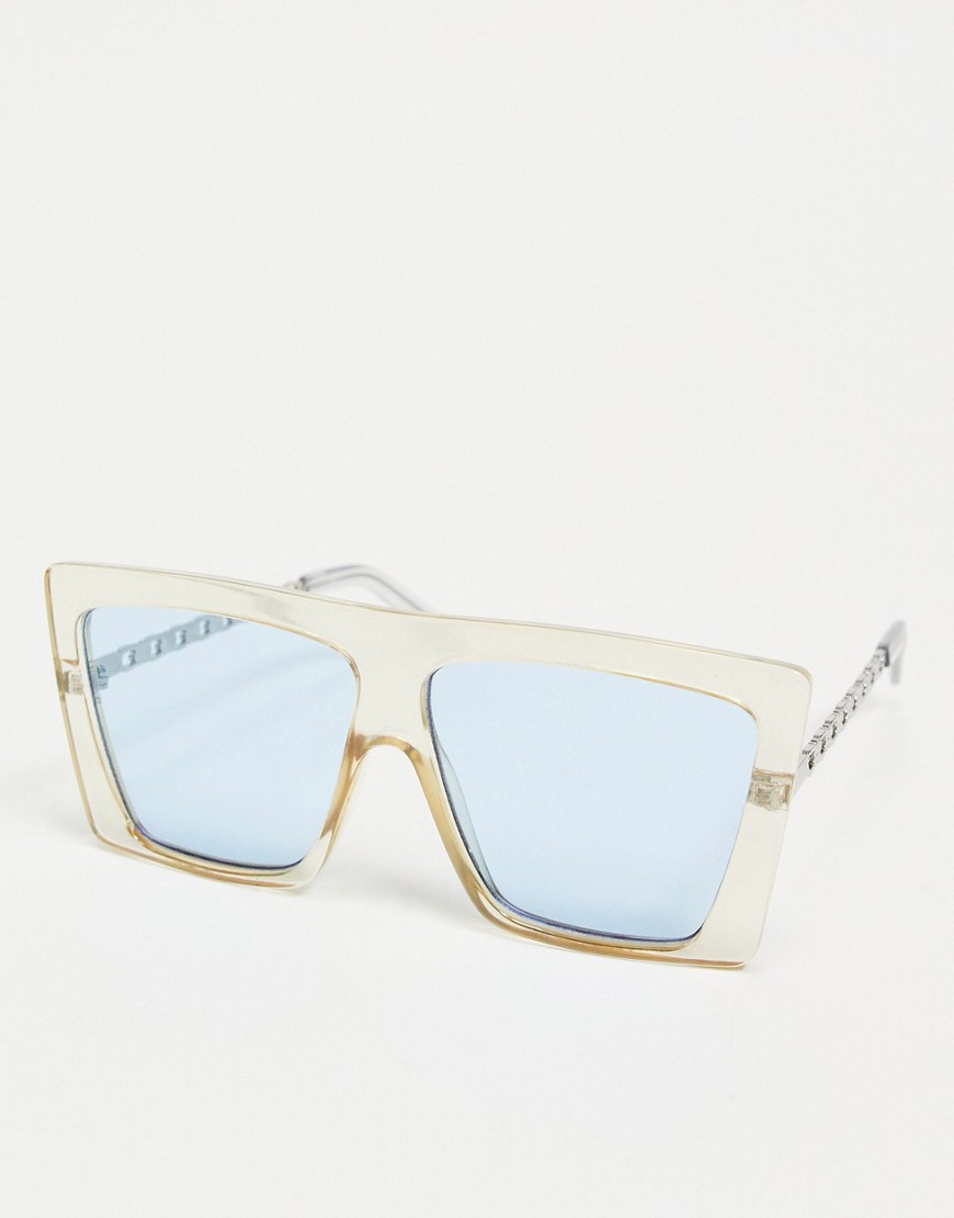 ASOS DESIGN recycled frame oversized visor sunglasses with chain metal arms in crystal yellow