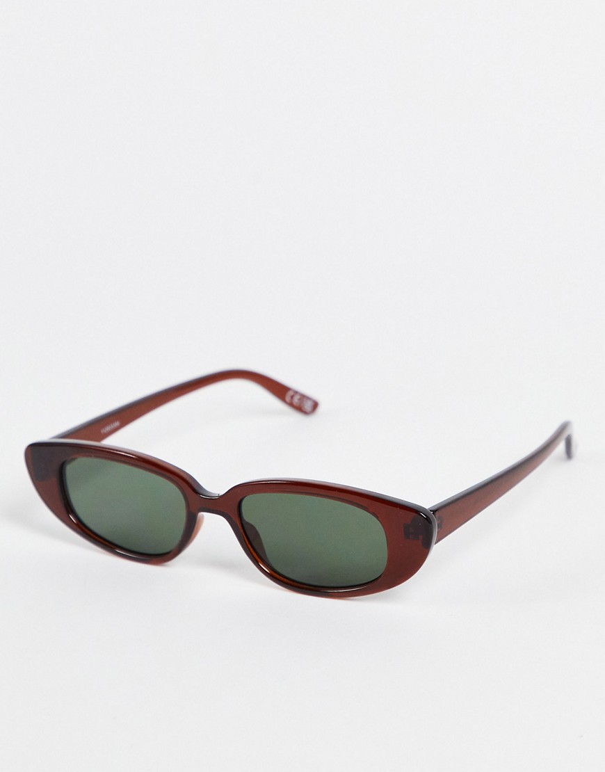 ASOS DESIGN recycled frame slim cat eye sunglasses in crystal brown