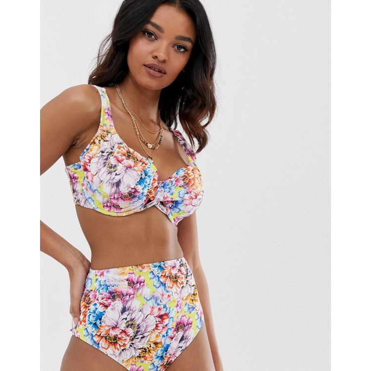 ASOS DESIGN fuller bust high waist bikini bottom in watercolour floral  print