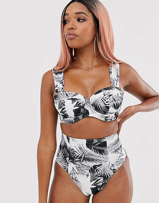 ASOS DESIGN recycled fuller bust exclusive underwired longline bikini top in mono palm print dd-g