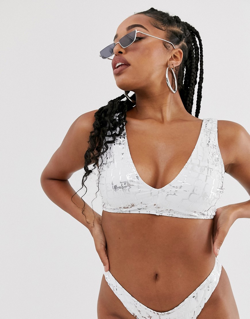 ASOS DESIGN recycled fuller bust mix and match minimal plunge bikini top in white graphic snake foil print dd-g