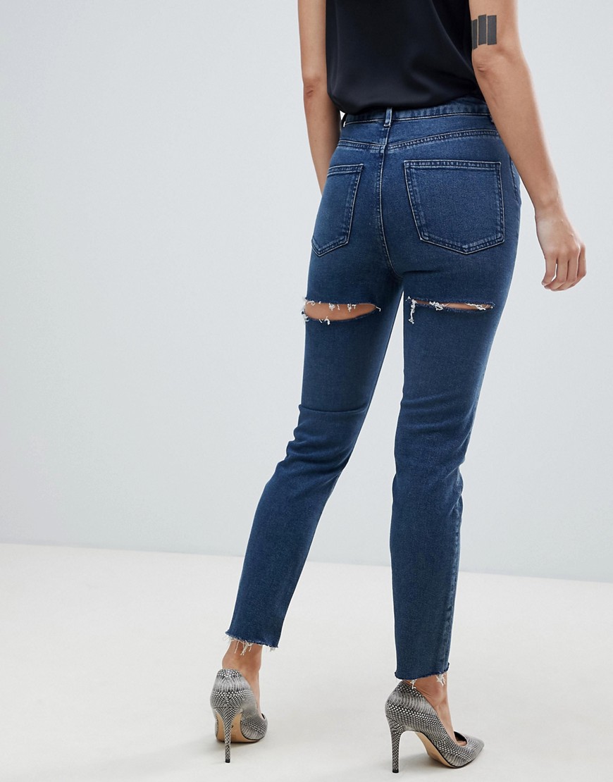 ASOS DESIGN recycled high rise farleigh 'slim' mom jeans in blue wash with bum rip-Blues