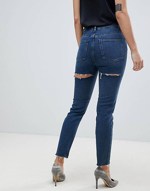  recycled high rise farleigh 'slim' mom jeans in blue wash with bum rip 