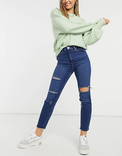 ASOS DESIGN recycled high rise farleigh 'slim' mom jeans in dark wash with slashed knee rips and raw hem detail