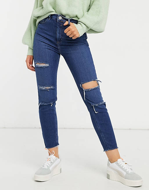  recycled high rise farleigh 'slim' mom jeans in dark wash with slashed knee rips and raw hem detail 