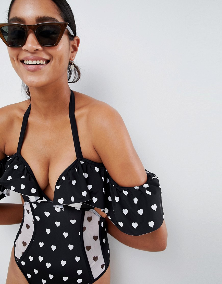 ASOS DESIGN recycled Mini Heart Print Corset Detail Bardot Swimsuit-Multi