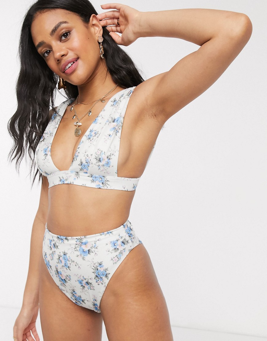 ASOS DESIGN RECYCLED MIX AND MATCH DEEP BAND PLUNGE CROP BIKINI TOP IN DITSY FLORAL PRINT-MULTI,M & MDITSY