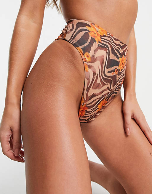  recycled mix and match high leg high waist bikini bottom in zebra tropical print 
