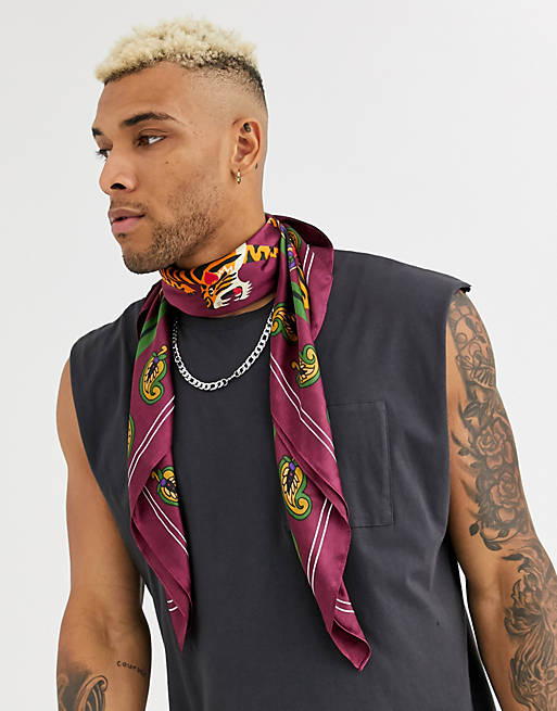 ASOS DESIGN recycled poly satin scarf in burgundy with tiger print | ASOS