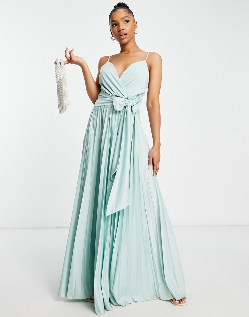ASOS DESIGN recycled polyester cami plunge tie front pleated maxi dress in plain duck egg-Blue