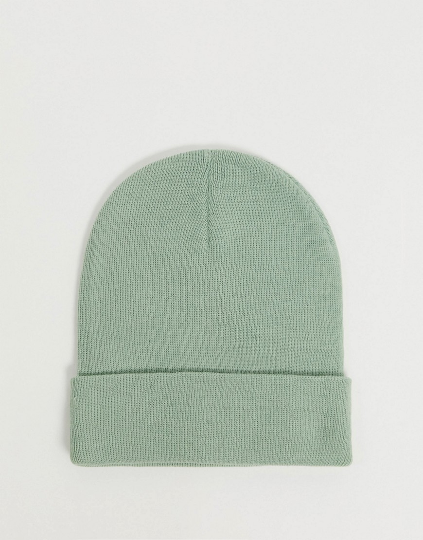 Asos Design Recycled Polyester Deep Turn Up Beanie Hat In Sage-green