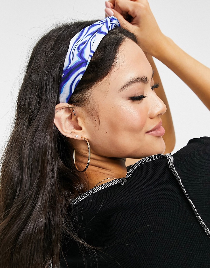 ASOS DESIGN recycled polyester knot headband in swirl print in blue-Blues
