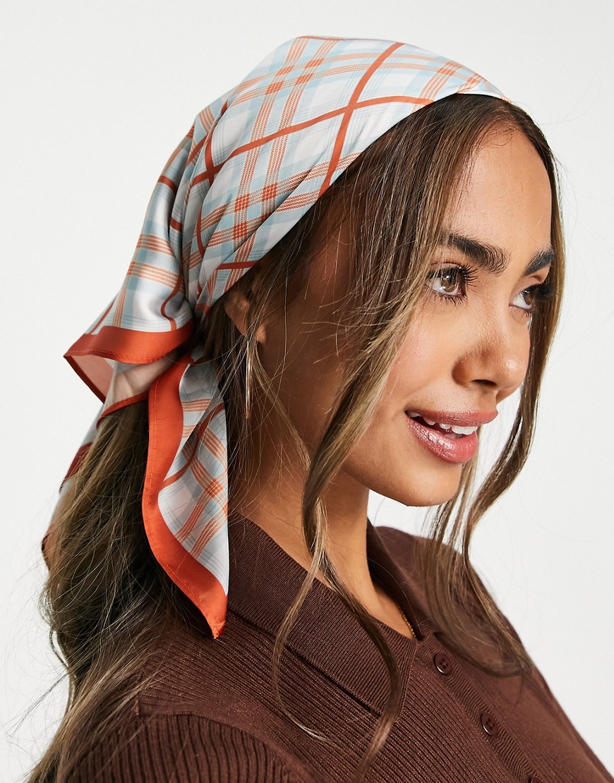 ASOS DESIGN recycled polysatin medium headscarf in check print in multi