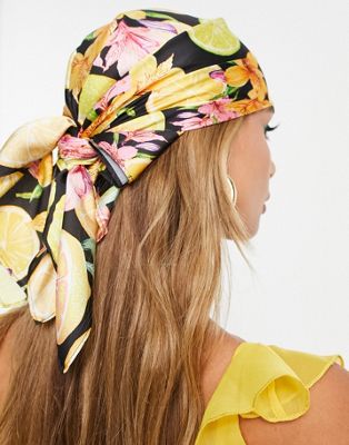 ASOS DESIGN polysatin medium headscarf in fruit print  - MULTI