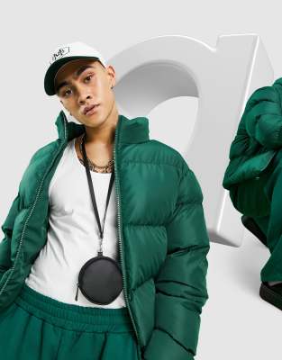 dark green puffer jacket