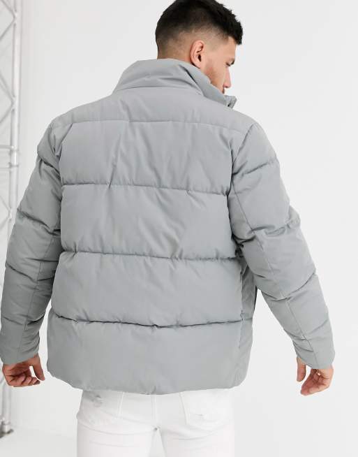 ASOS DESIGN recycled puffer jacket in gray with funnel neck