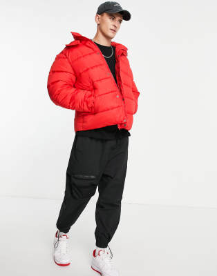 Asos Design Recycled Puffer Jacket With Detachable Hood In Red ModeSens