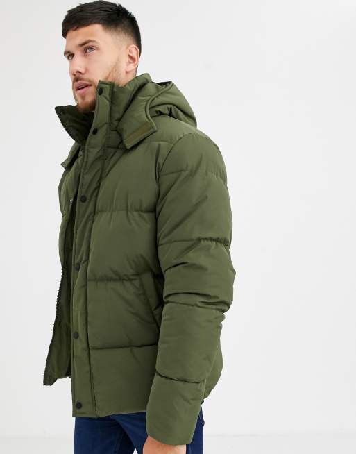 ASOS DESIGN recycled puffer jacket with hood in khaki | ASOS