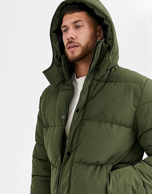 ASOS DESIGN recycled puffer jacket with hood in khaki | ASOS