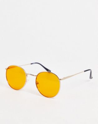 ASOS DESIGN round sunglasses in gold metal with orange lens - GOLD