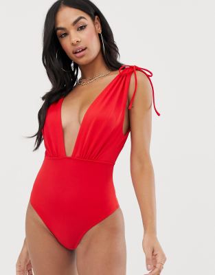 red plunge swimsuit