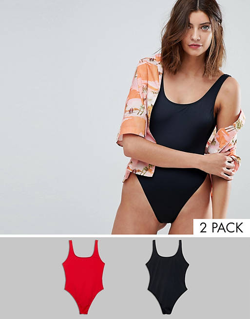 ASOS DESIGN recycled Scoop Front High Leg Swimsuit Multipack