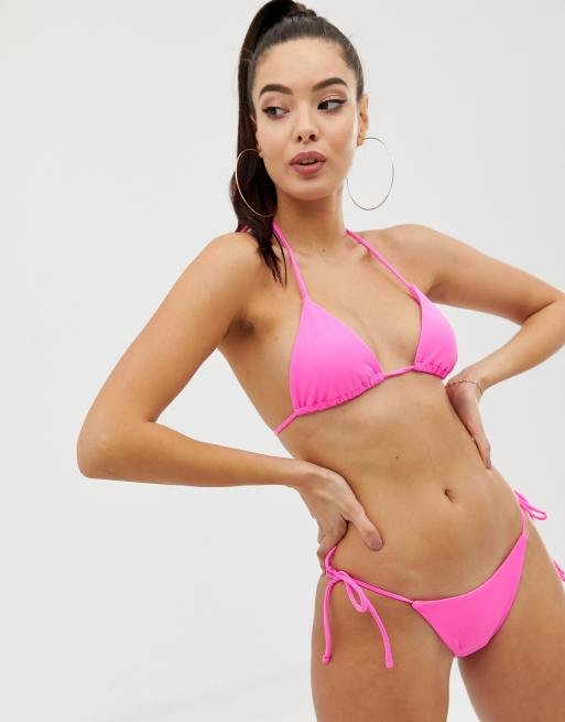 Asos Design Recycled Sleek Triangle Bikini Top In Neon Pink Asos