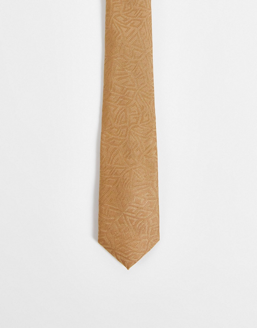 ASOS DESIGN recycled slim satin tie with geo design in stone-Neutral