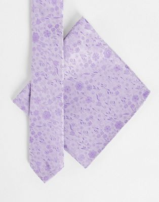 ASOS DESIGN slim tie and pocket square with ditsy floral design in lilac - LILAC