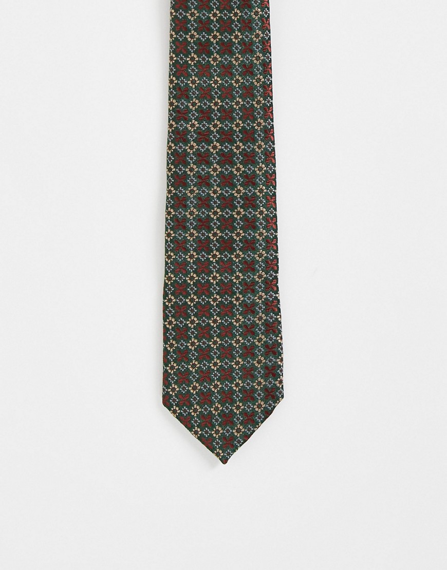 ASOS DESIGN recycled slim tie with 70s floral design in dark green
