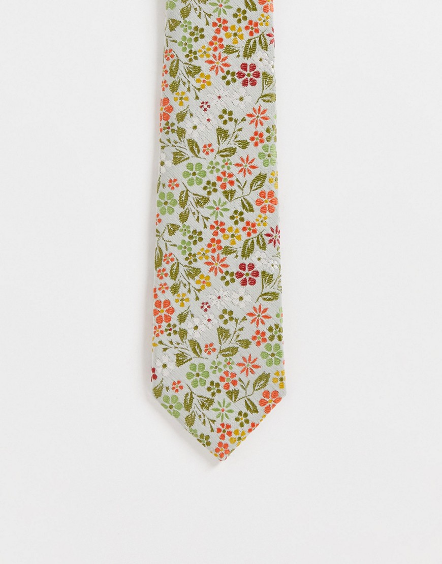 ASOS DESIGN recycled slim tie with ditsy floral design in sage green