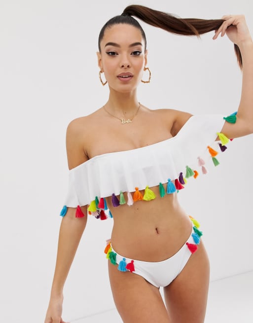 ASOS DESIGN recycled tassel side bikini bottom in white