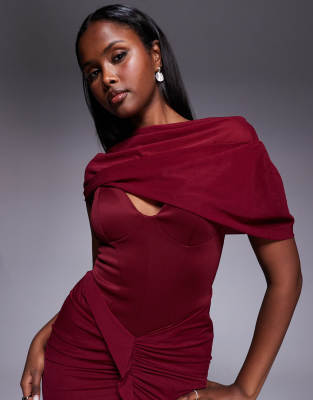 Asos Design Red Carpet Overlay Corset Detail Maxi Dress With Cinched Hips In Red