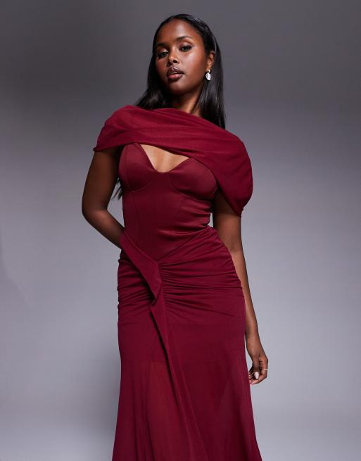 ASOS DESIGN Red Carpet overlay corset detail maxi dress with cinched hips in berry