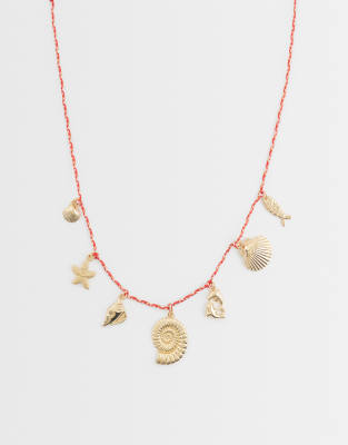 Asos Design Red Corded Necklace With Sea-life Charms In Gold