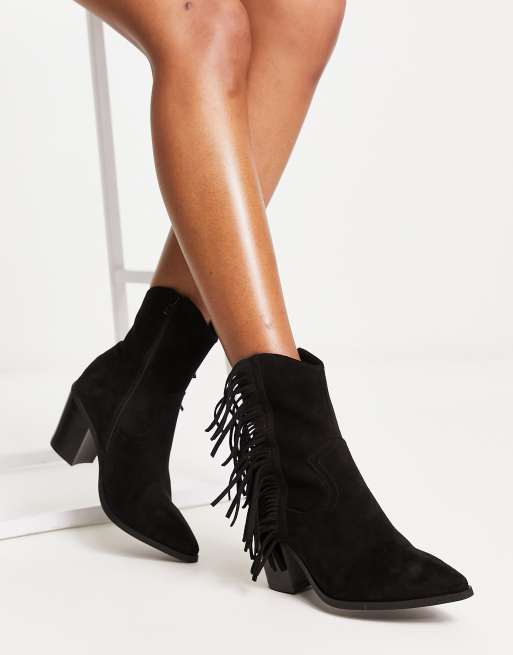 Rivet Pointy Toe High Heel Booties Shoes Black Leather Fringe Thin