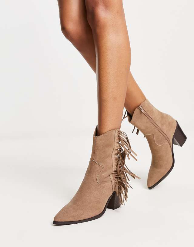 ASOS DESIGN Redwood micro suede fringe western boots in taupe