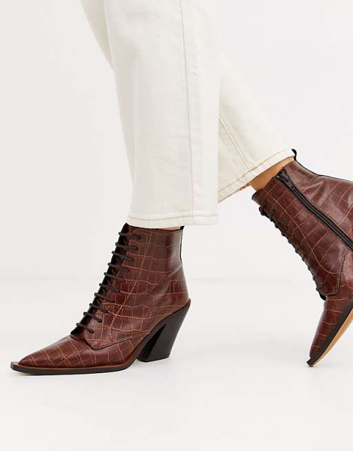 ASOS DESIGN Redwood premium leather western lace up boots in brown croc | ASOS
