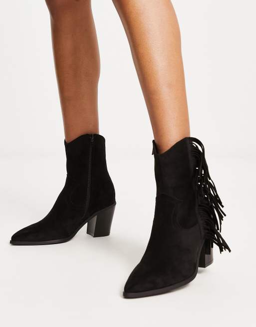 ASOS DESIGN – Redwood – Svarta cowboyboots i mircomocka med fransar