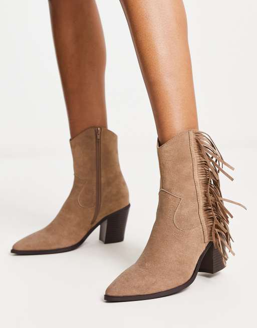 ASOS DESIGN – Redwood – Western-Stiefel aus Mikro-Wildleder in Taupe mit Fransen, 4 von 4