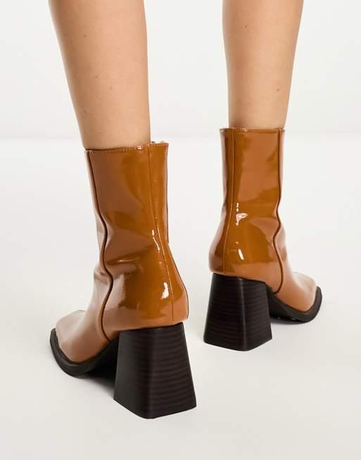 ASOS DESIGN Reform mid heel boots in tan patent ASOS