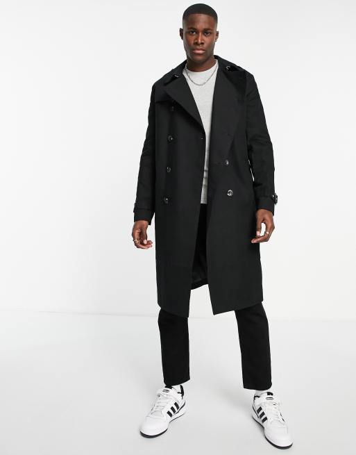 ASOS DESIGN - Regenbestendige lange trenchcoat met ceintuur in zwart