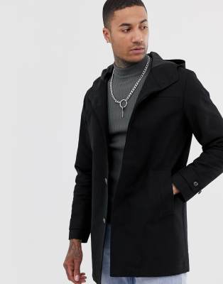 ASOS DESIGN - Regenfester Trenchcoat mit Kapuze in Schwarz - Schwarz